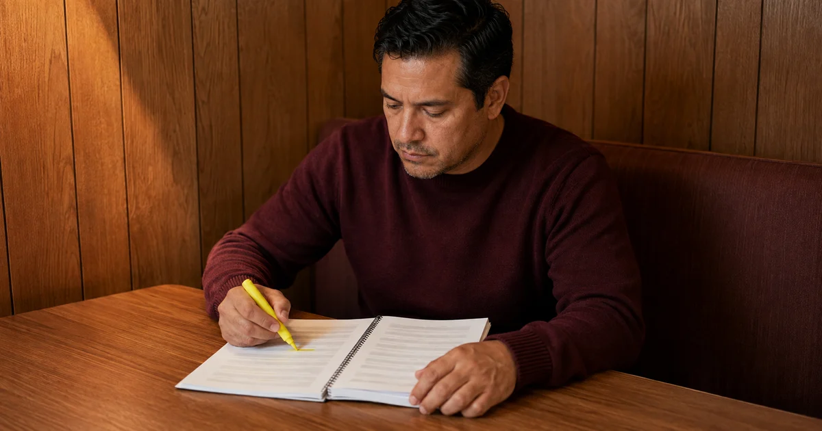 A GEO content specialist highlighting evidence in a bound audit report