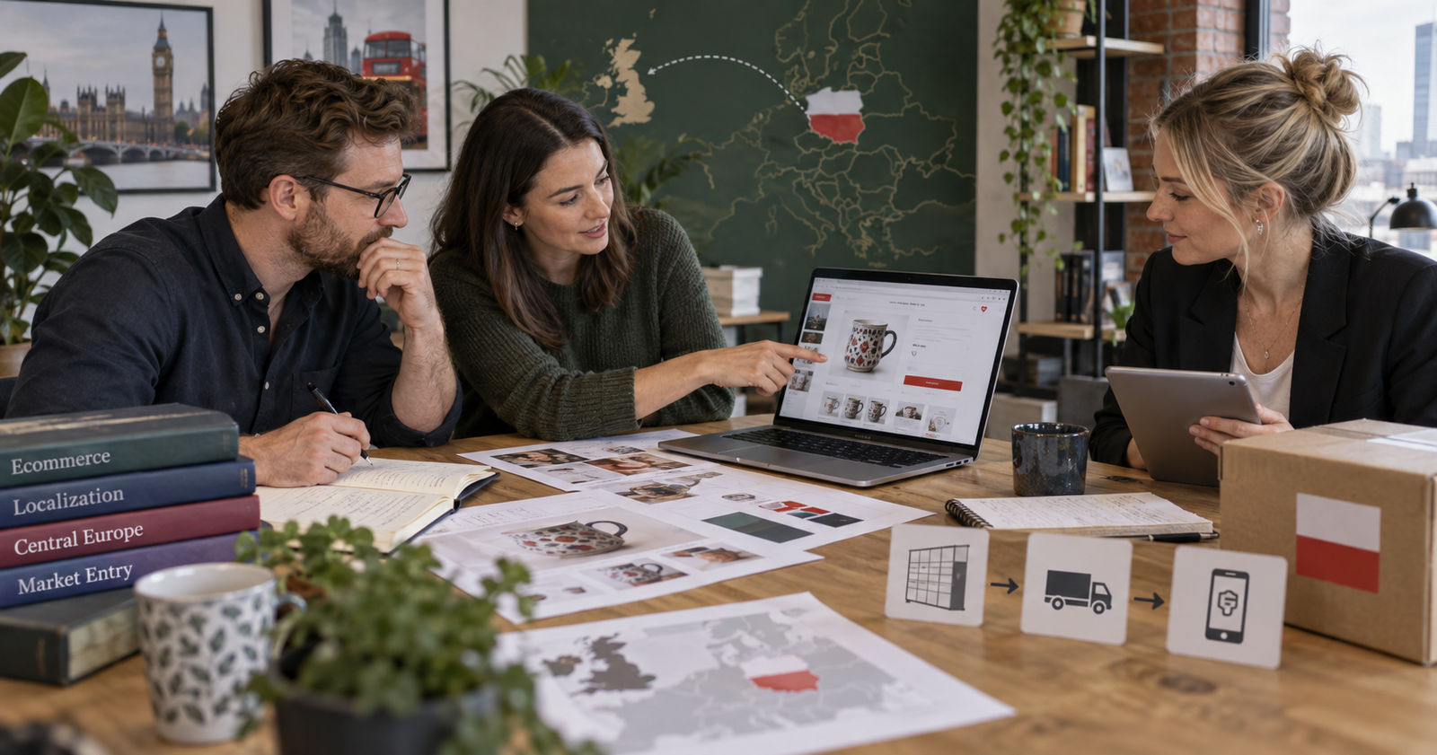 A UK e-commerce team planning Polish market entry using Polish product pages, BLIK payments and InPost delivery.