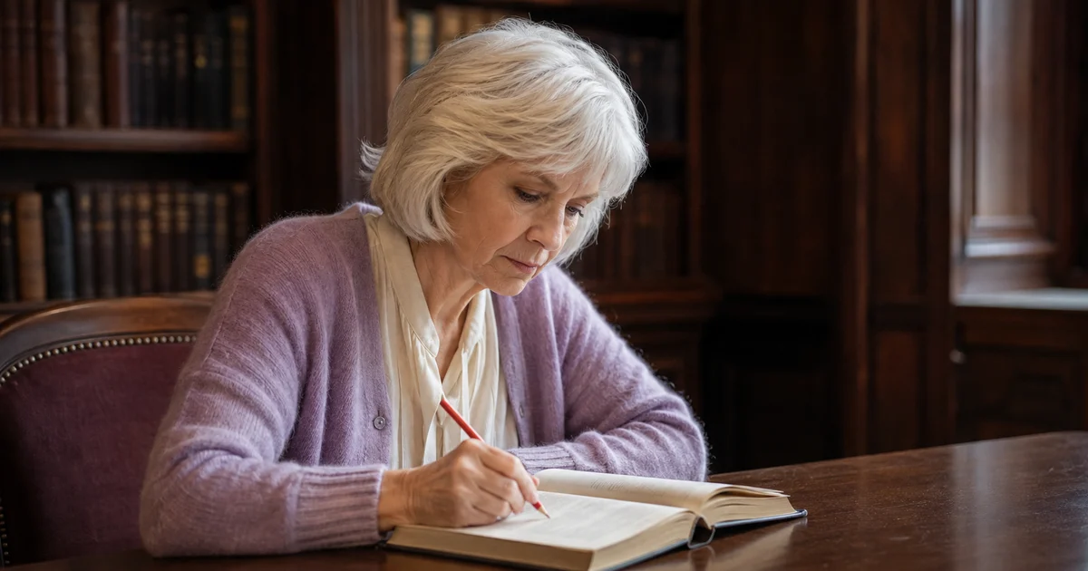 A senior Polish copy editor refining a style guide with a red pencil