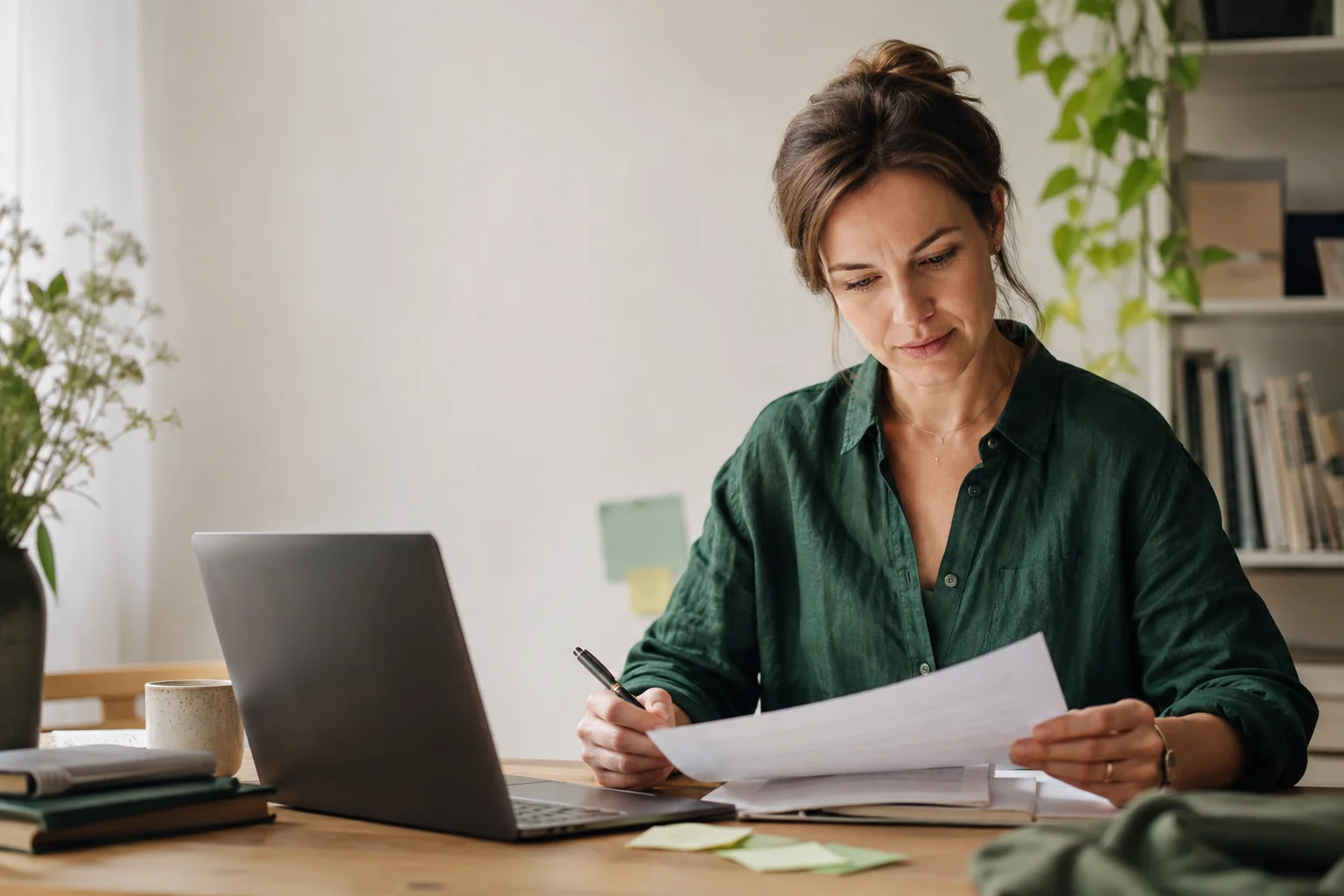A content professional reviewing written copy at her desk